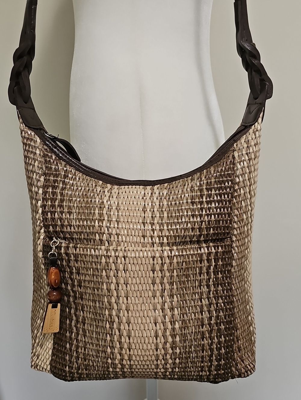 Woven Hobo Shoulder Bag in Brown and Cream